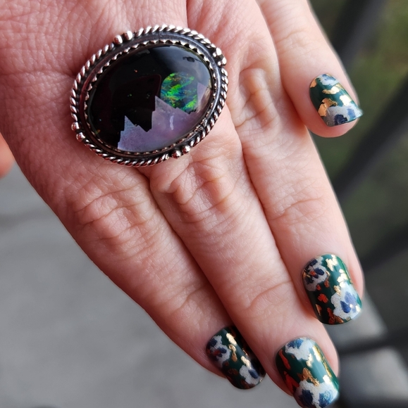 Sterling Silver Jewelry - Sterling Silver 925 Aurora Opal Moon And Mountain Ring Adjustable